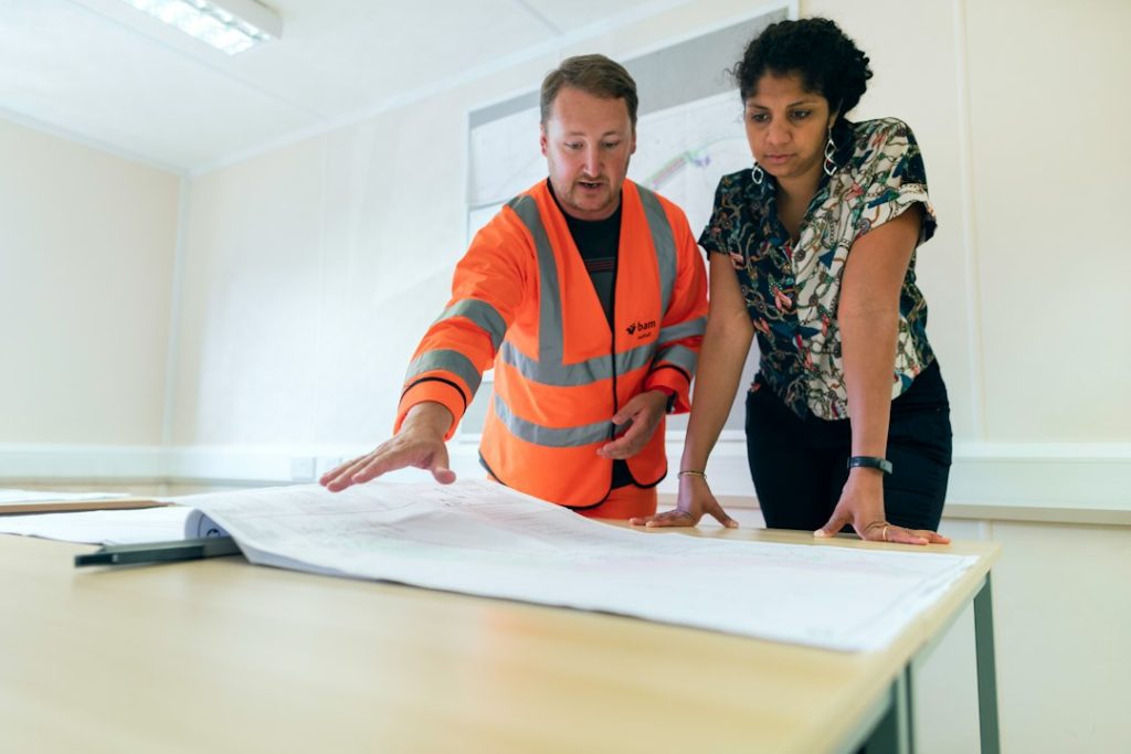 Professionals discussing risk assessment and safety management